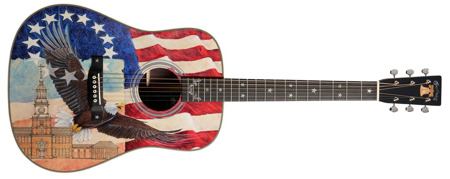 The HD-28 Semiquincentennal featuring a bald eagle flying against an American flag
